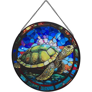 Hand-Painted Turtle Stained Glass Window Hanging - 7.87 Inch Sun Catcher Home Decor