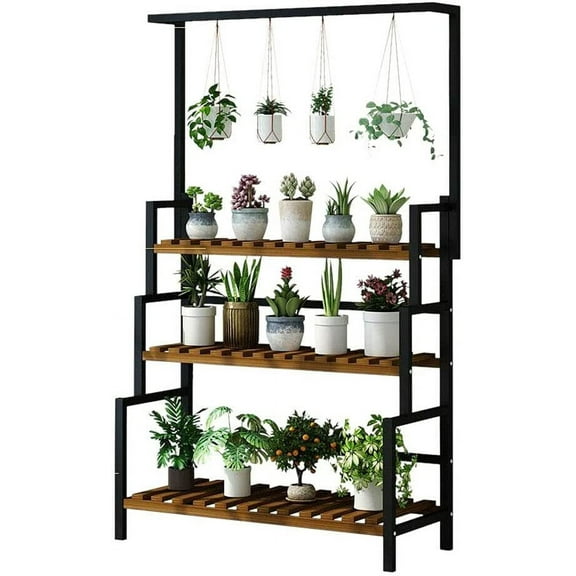Hanging Stand, 3-Tier Shelves with Bar, Planter Shelves Flower Pot Organizer Rack Display Holder Shelf, Outdoor Indoor Wood Shelf with Metal Frame for Garden Balcony Patio