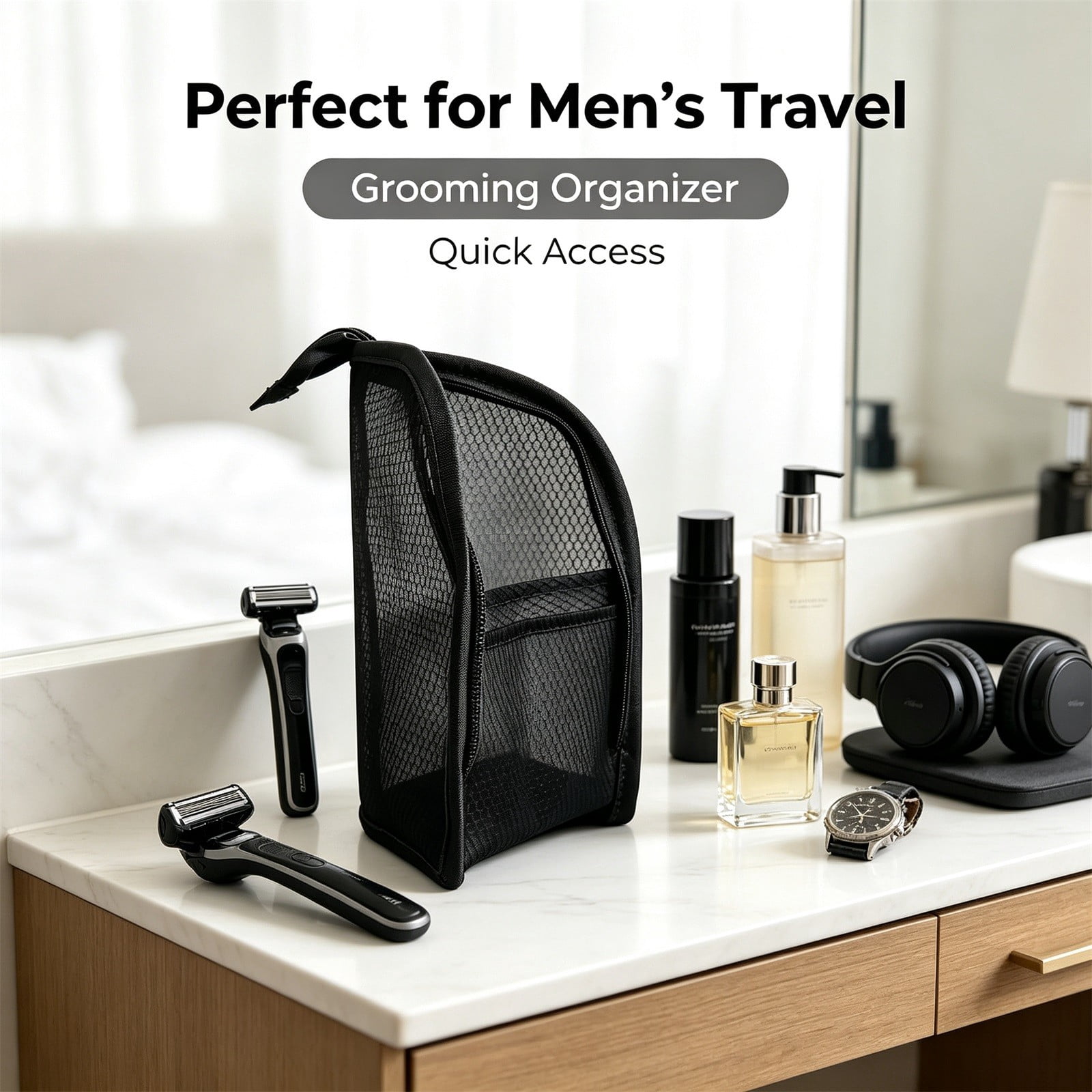 Hanging Standing Mesh Toiletry Bag, Transparent Multi-Pocket Cosmetic ...