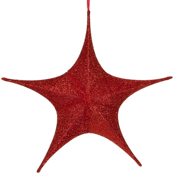 Hanging Star Decoration, Christmas Decoration Star Decoration Party, 4th of July Patriotic Star Home Decorations, Ultra Lightweight, Fabric Covered, Fold Flat Metal Frame (26 inch, Red Metallic Mesh)