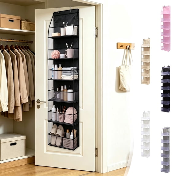 Hanging Storage Bag,Behind Door Organizer with Four Compartments Visible Mesh Window,Foldable Wall Pouch for Bedroom Campus Small Item Arrangement(Beige)