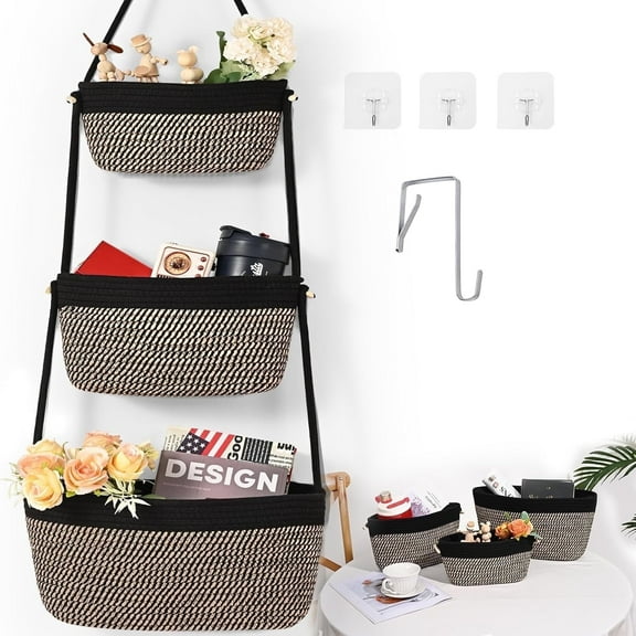Hanging Storage Baskets, 3-Tier Over the Door Basket, Cotton Wall Baskets Storage, Detachable Hanging Door Basket with 4 Hooks, Over the Door Organizer Nursery for Bedroom, Living Room, Black
