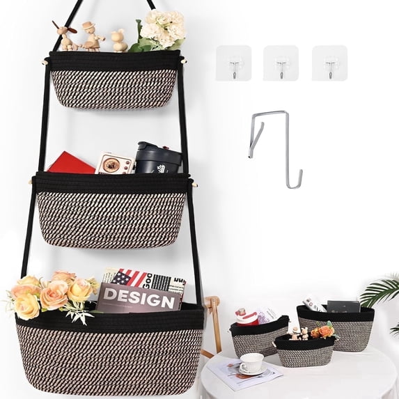 Natubeau 3-Tier Hanging Storage Organizer, Cotton Detachable Basket with 4 Hooks, Over-the-Door & Wall Mounted, Black
