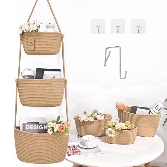 Natubeau No-Drill 3-Tier Cotton Rope Hanging Baskets, Detachable Wall Mounted Woven Storage Baskets with Adhesive Hooks, Boho Natural Tone Decor for Small Spaces Kitchen Bathroom