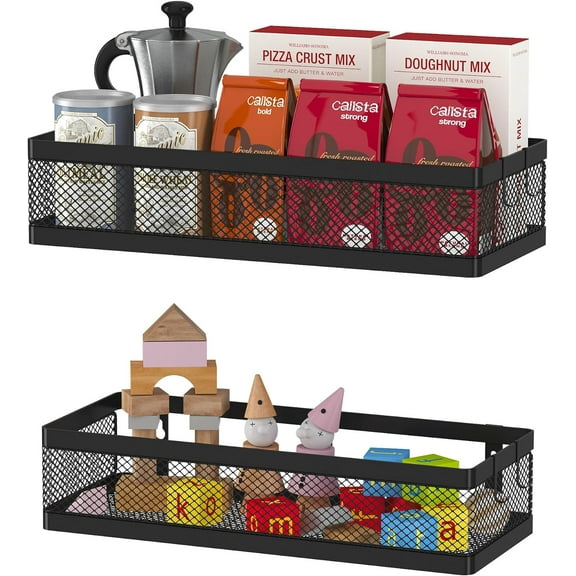 Hanging Storage Baskets Organizer Wall Mount, Metal Wire Storage Bin Rack for Kitchen Bathroom Shower Spice Shelf Home Decor Essentials Black-2 Packs (Netting)