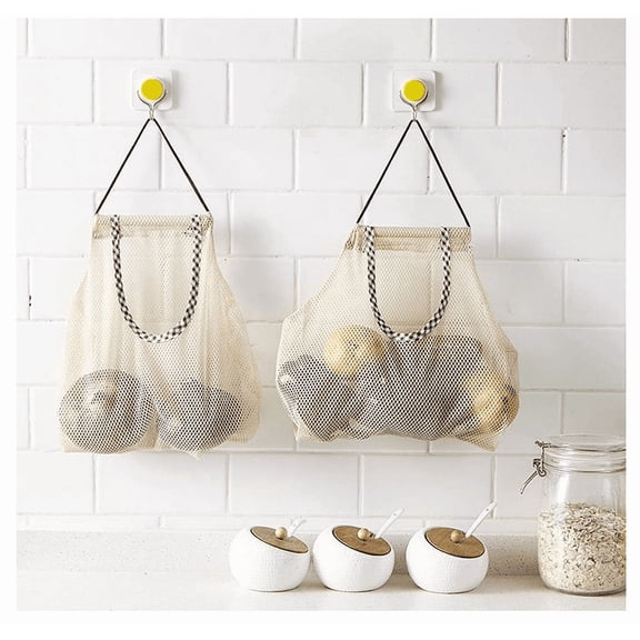 Hanging Storage Mesh Bags, Reusable Portable Mesh Tote Bag Breathable Net Storage Produce Bag for Fruits Vegetables Onions Garlic Potatoes Kitchen Organizer - (2Pcs)