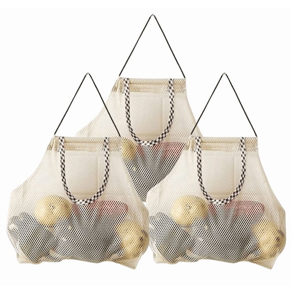 Hanging Storage Mesh Bags, Reusable Portable Mesh Tote Bag Breathable Net Storage Produce Bag for Fruits Vegetables Onions Garlic Potatoes Kitchen Organizer (3Pcs)