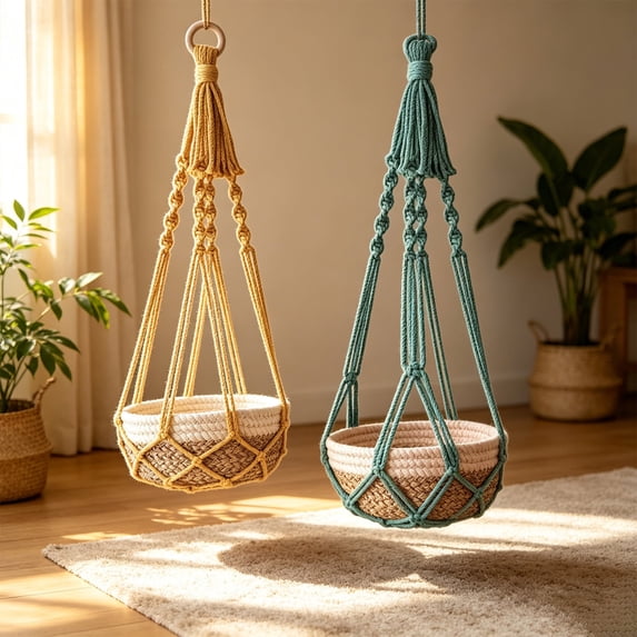 Hanging Storage Net Basket Organizer • Braided Cotton Rope Mesh Bag • Boho Macrame Tassels • Space-Saving Suspended Holder • Balcony Décor Display
