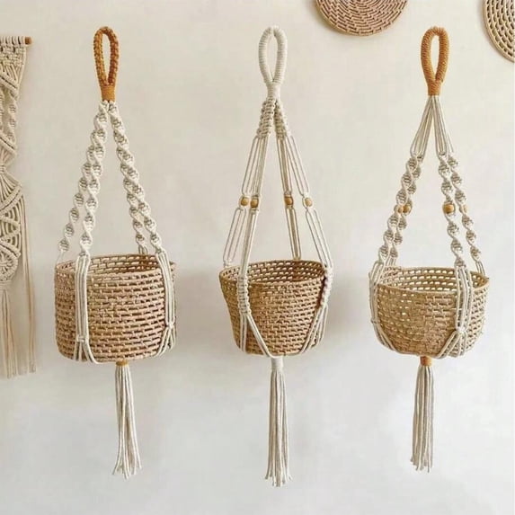 Hanging Storage Net Basket with Tassels, Cotton Linen Boho Macrame Organizer for Balcony, Window, Small Spaces and Kitchen Storage