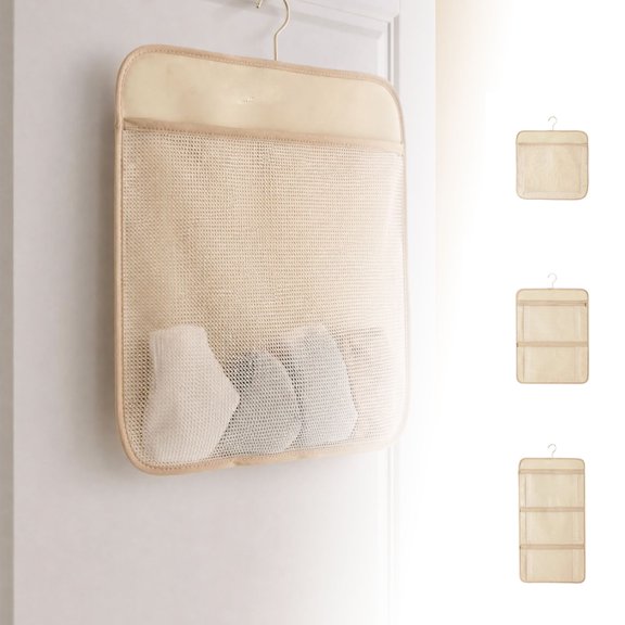 Hanging Storage Organizer,Breathable Mesh Wall Mount Sack Multi Pocket Partition Layout,Intimate Apparel Carrier for Dorm Bedside Bedroom Closet Sorting(Beige,38×40cm)