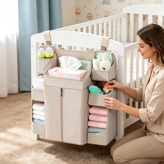 Hanging Storage Organizer for Changing Table,Multifunctional Fabric Caddy with Pockets,Large Capacity Waterproof Oxford Cloth Organizer,No Drill Installation Storage Rack,Diaper and Essentials Holder