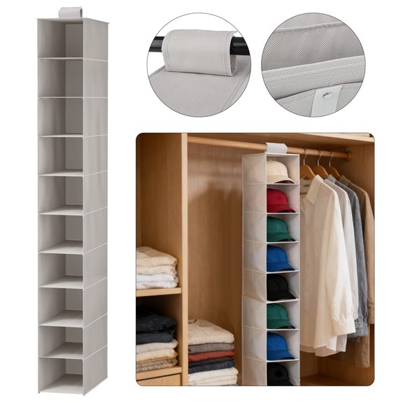 Hanging Storage Organizer, EEEkit 10-Shelf Hat Storage Organizer, Fabric Cubby Rack for Clothes, Shoe & Small Items, Gray