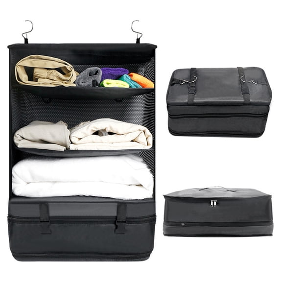 Hanging Storage Organizer, Hanging Packing Cubes for Travel, Travel Organizer Bags for Luggage, 3-Tier Black Mesh Fabric Compartment Organizer, 1Pc 22X18X1.5 Inch Lightweight