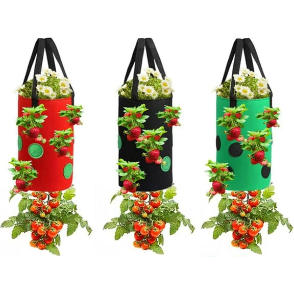 Hanging Strawberry Planter,3 Gallon Strawberry Grow Bags,13 Holes Thicken Breathable Upside Down Tomato Planter,Strawberry Supports for Garden3pcs - Black and Green and Red