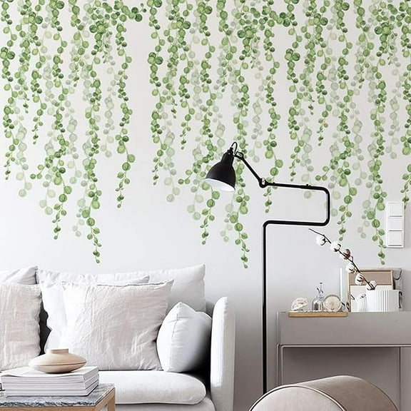 Hanging String of Pearls Vine Wall Stickers Leaves Green Plants Removable PVC Wall Decals Peel and Stick Decorations Decor for Bedroom Living Room Office Murals