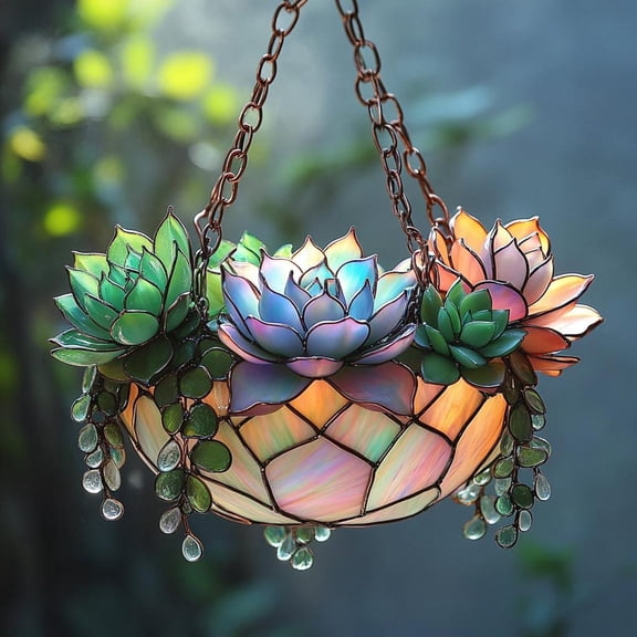 Hanging Succulent Bowl Acrylic Suncatcher Plant Faux Stained Glass Window Planter Gift For Plant Lovers Gift for Plant Mom Garden Decor