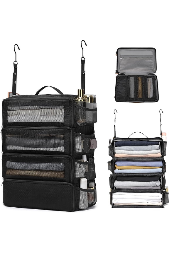 Hanging Suitcase Organizer, Travel Essentials Carry-on Collapsible Packing Cubes for Travel, Stow-N-Go Portable Hanging Closet Organizer Shelves Luggage Bag, Medium, Black