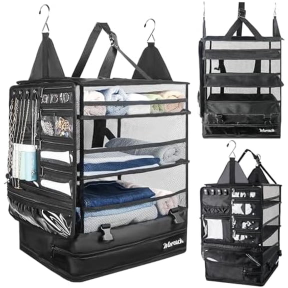 Hanging Suitcase Organizer & Travel Shelves, Packing Cubes for Travel, Suitcase Organizer for Carry-on Luggage, Easy Packing & Wrinkle-Free Clothes, Black (Fits Most Travel Bags)