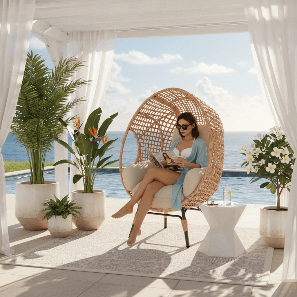 Hanging Swing Chair, 400LBS Arc Back Cushion Chair for Outdoor Garden Patio, Natural