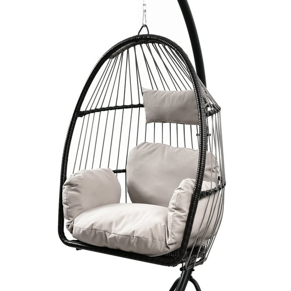 Hanging Swing Chair Outdoor Patio Wicker , PVC Rattan Swing Hammock Egg Chair with C Type Bracket , With Cushion and Pillow for Indoor,OutdoorBeige