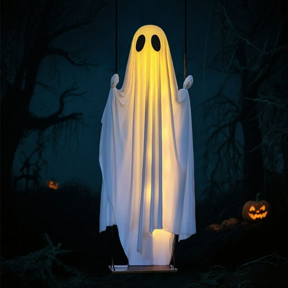 Hanging Swing Ghost 4FT Large Halloween Decor Outdoor Large Ghost on Swing with String Lights & Remote Control, Spooky Cute Swinging Ghosts Halloween Decoration for Outdoor Porch Yard Tree