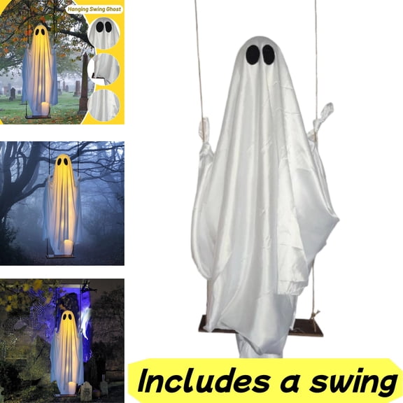 Hanging Swing Ghost Halloween Decor, Ghost Figure with Swing Seat & Built-in LED Lights, White Fabric Swinging Ghost Tree Hanging Ornament for Outdoor Yard Porch Haunted House Party Decoration