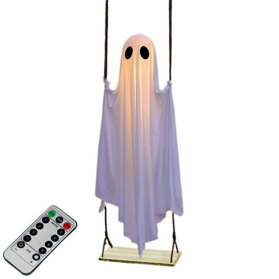 Hanging Swing Ghost Halloween Decor with String Lights, 5 FT Large Halloween Decor Outdoor, Cute Spooky Light Up Ghosts Decoration for Front Porch Yard Tree