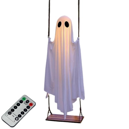 Hanging Swing Ghost Halloween Decor with String Lights, 5 FT Large Halloween Decor Outdoor, Cute Spooky Light Up Ghosts Decoration for Front Porch Yard Tree