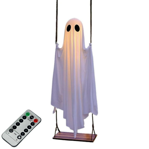 Hanging Swing Ghost Halloween Decor with String Lights, 5 FT Large Halloween Decor Outdoor, Cute Spooky Light Up Ghosts Decoration for Front Porch Yard Tree