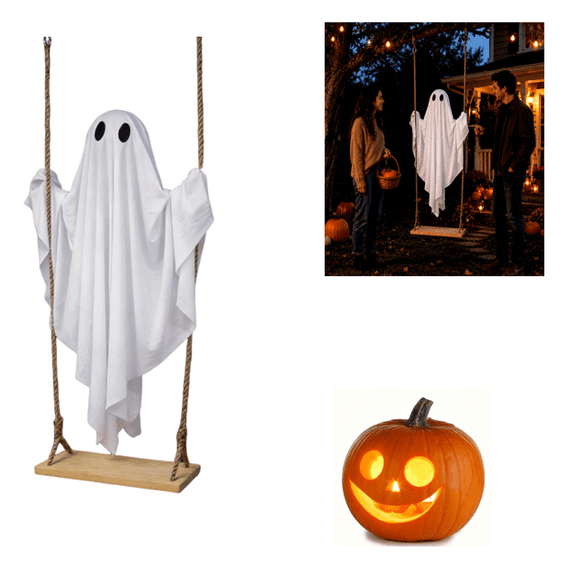 Hanging Swing Ghost Halloween Outdoor Decor With Remote Control Light Strings Upgraded Fabric Spooky Ornament For Porch Yard Garden Lawn Party Scene