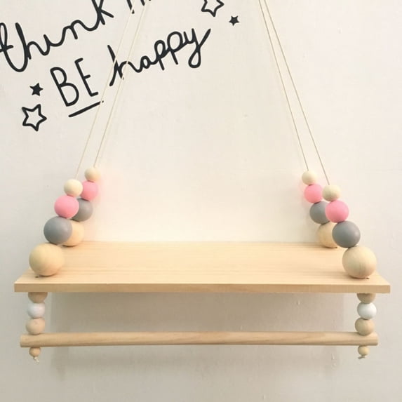 Hanging Swing Rope Floating Shelves with Wooden Beads, Wall Hanging Storage Board Wooden Plank Shelf Display Ornaments for Kids Room