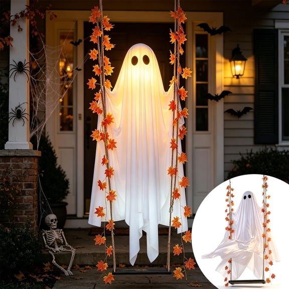 Hanging Swinging Ghost Halloween Decor, 4.4 FT Large Swinging Ghost with String Lights for Outdoor