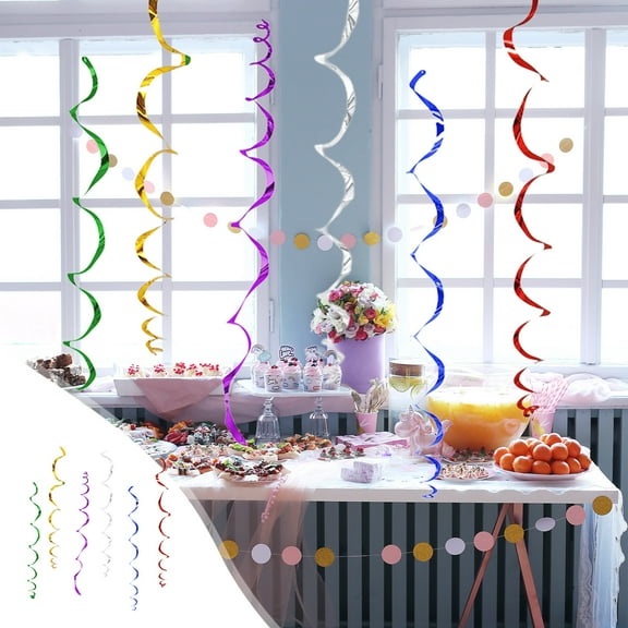 Hanging Swirls, Party Streamers, Colorful Foil Ribbons for Festive Decorations, Pre-Assembled Hooks, 12 Pack Multicolor Bohemian Style