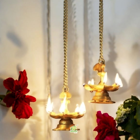 Ashopi Decor Hanging & Table Brass Diya | Oil Lamp | Home Decor | Diya, Deepak, Deepam (Peacock Diya Pair) with Chain