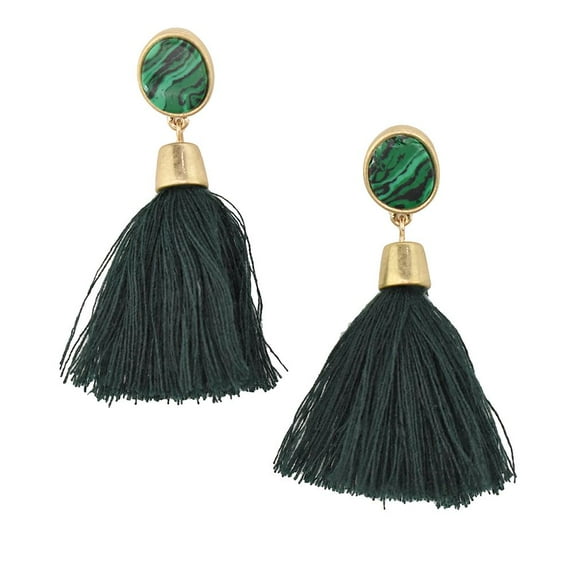 Hanging Tassel with Stone Post Earrings, 2-1/4-Inch, Teal