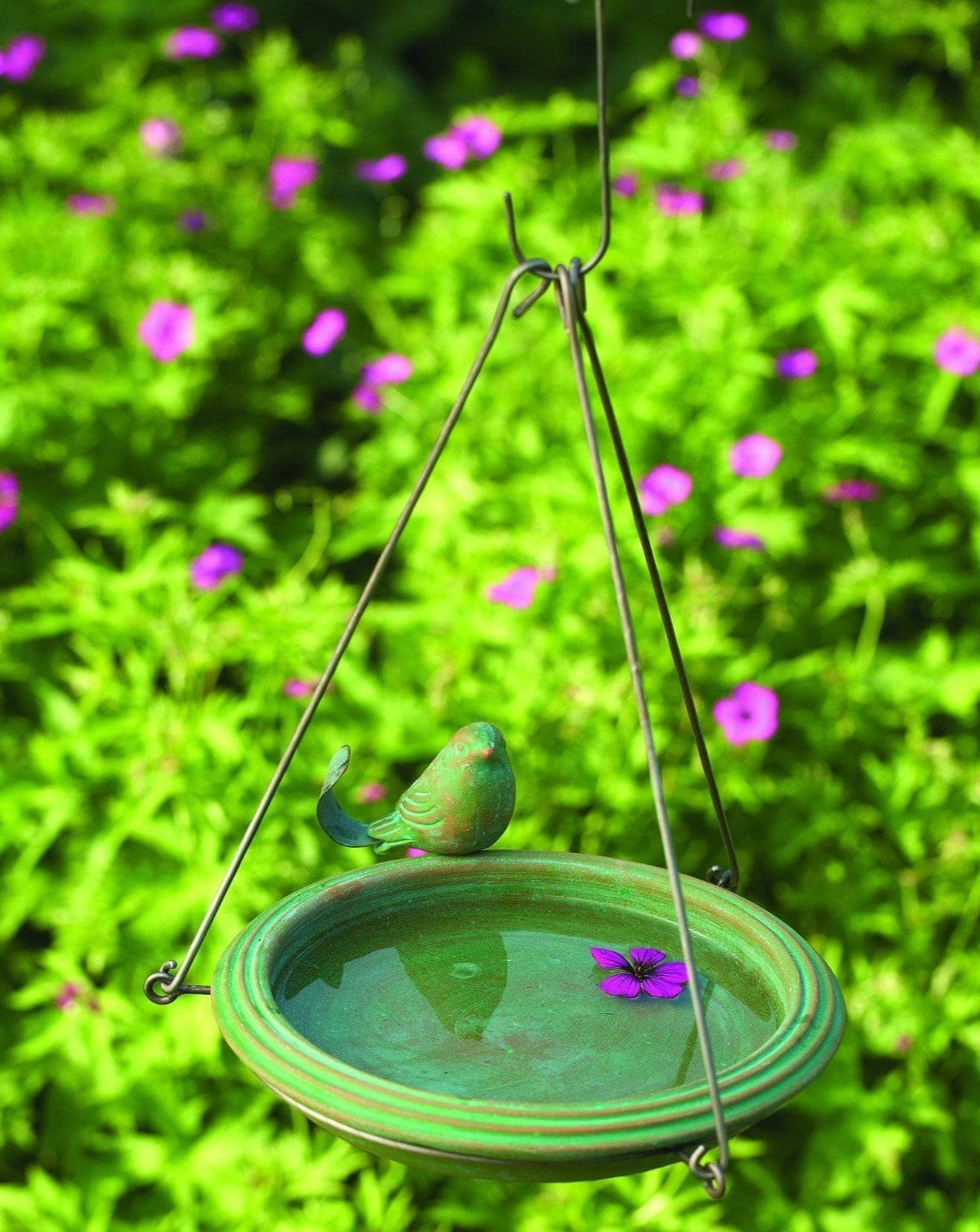 Handcrafted Teal Ceramic Hanging Bird Bath with Stand