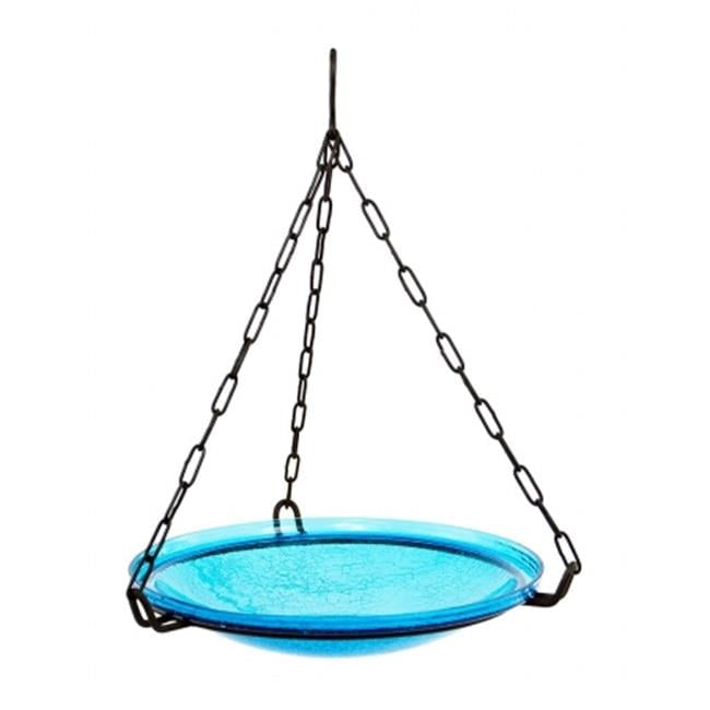 Teal Blue Crackle Glass Hanging Birdbath Bowl with Iron Chain