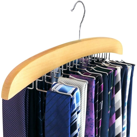 Hanging Tie Holder Organizer Rack - Premium Wooden Tie Hanger with 24 Folding Accessory Hooks for Closet Space Saving