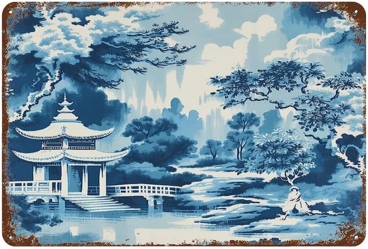 Small Metal Asian Signs Hanging Tin Signs Chinoiserie Asian Pagoda White Blue Signs Chinoise ...