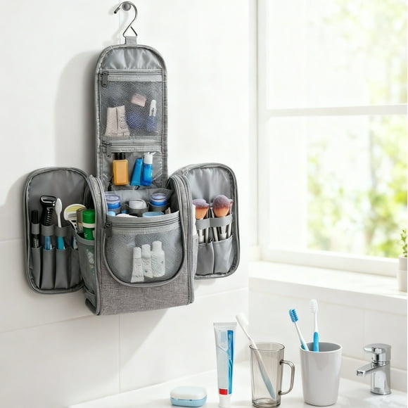 Hanging Toiletry Bag Cosmetic Travel Make up Organizer with Handle For Women,Medium,Grey