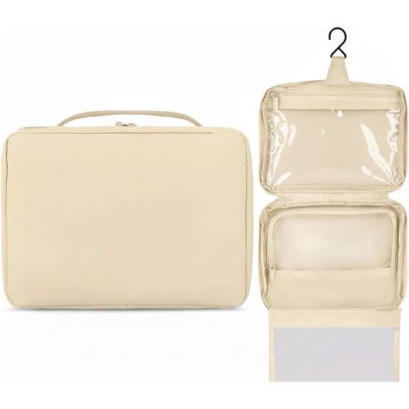 Hanging Toiletry Bag with TSA Approved Detachable Pouch, Travel Toiletry Bag, Water Resistant, Nylon, Full-Size Bottles, Travel Size Toiletries, Bag, Unisex (Beige)