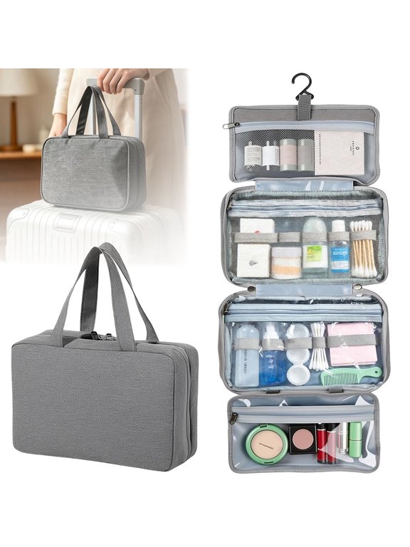 Hanging Toiletry Bag for Travel, Foldable Cosmetic Organizer for Women & Men, Water-Resistant Roll-Up Makeup Bag with Multiple Compartments, Large Travel Essentials Kit (Heather Grey)