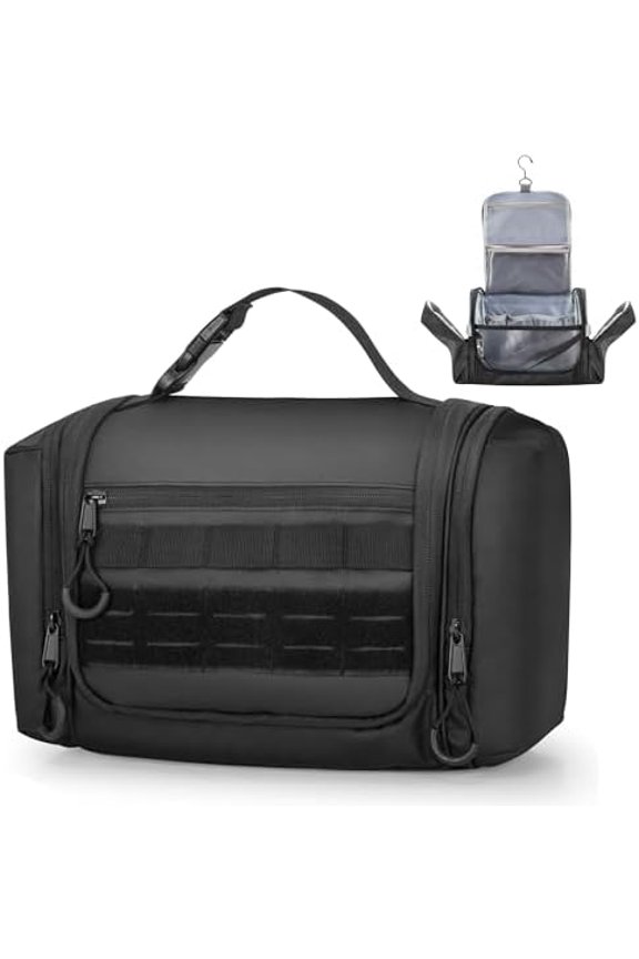 Hanging Toiletry Bag for Men, Tactical Dopp Kit Toiletry Travel Bag, Large Hygiene Organizer Shower Bag for Camping Outdoor, Black