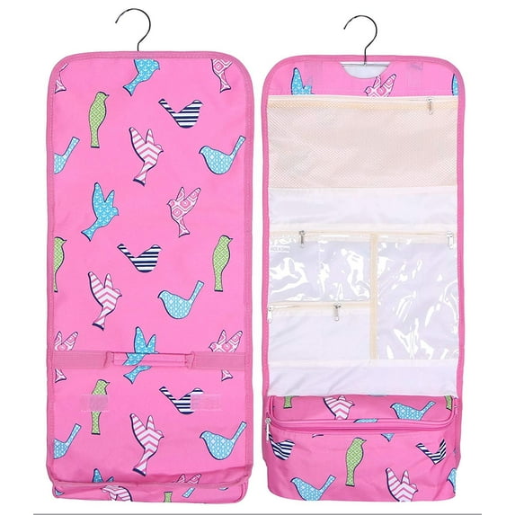 Hanging Toiletry Cosmetic Organizer Bag - Roll up for Storage and Travel Pink Bird Print
