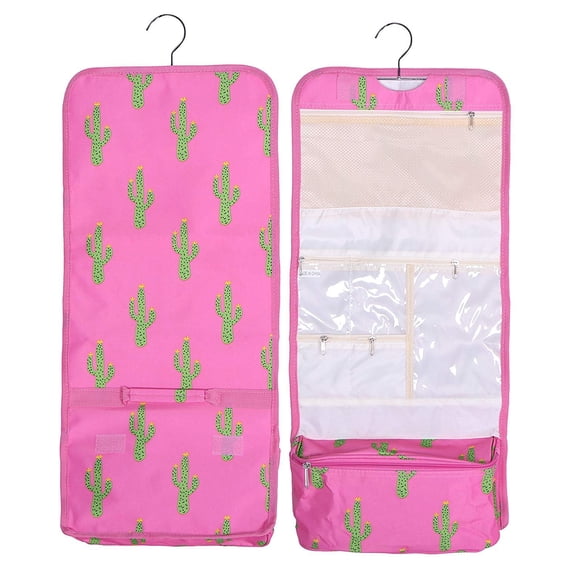 Hanging Toiletry Cosmetic Organizer Bag - Roll up for Storage and Travel Pink Cactus Print