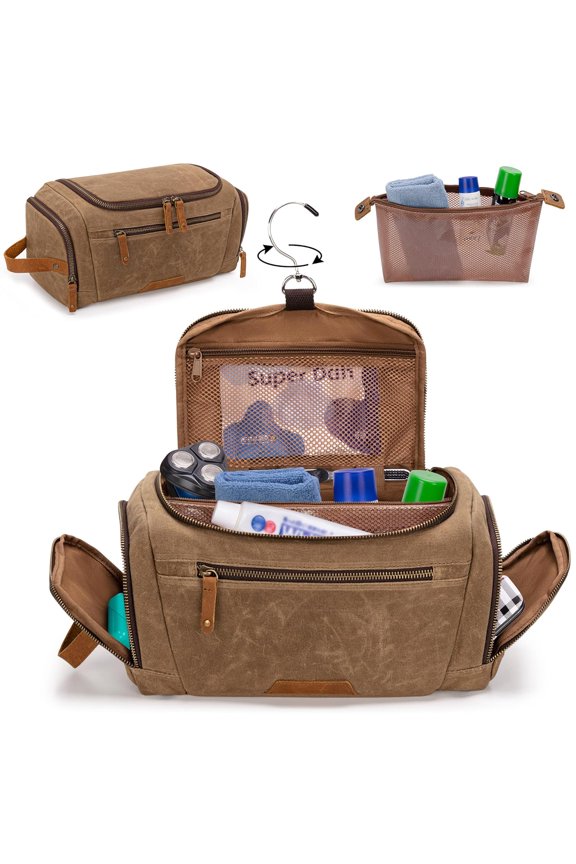 Hanging Toiletry Travel Bag for Men, Waxed Canvas Men Dopp Kit Hygiene Bag with Detachable Zipper Pouch, Water-resistant Shaving Storage Bag for Razor and Travel Essentials, Xmas Gift for Man