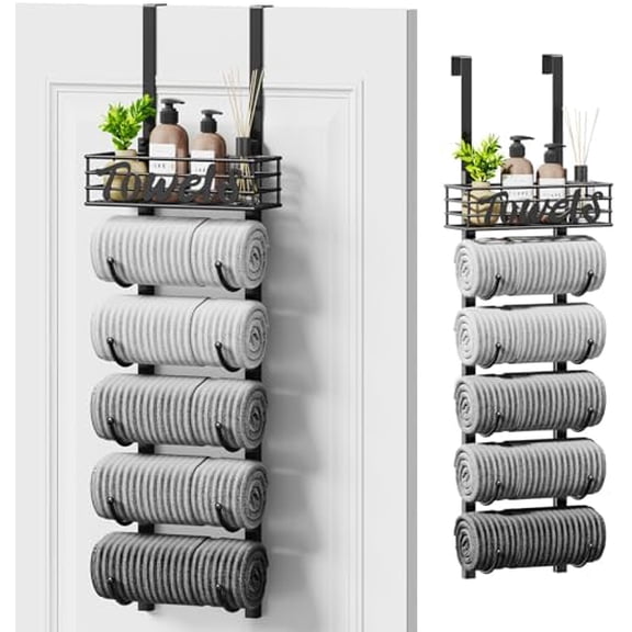 Hanging Towel Racks for Bathroom - 6 Tier Over The Door & Wall Mounted Bath Rolled Towel Storage Organizer Holder for Small Bathroom, RV, Camper, Black (Patented)
