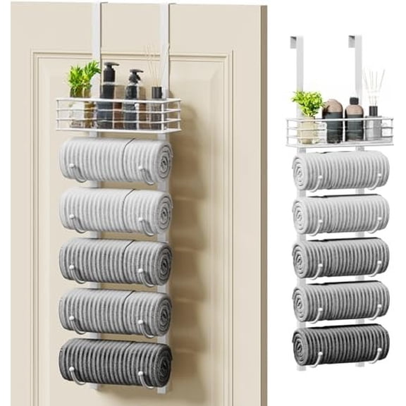 Hanging Towel Racks for Bathroom - 6 Tier Over The Door & Wall Mounted Bath Rolled Towel Storage Organizer Holder for Small Bathroom, RV, Camper, White (Patented)