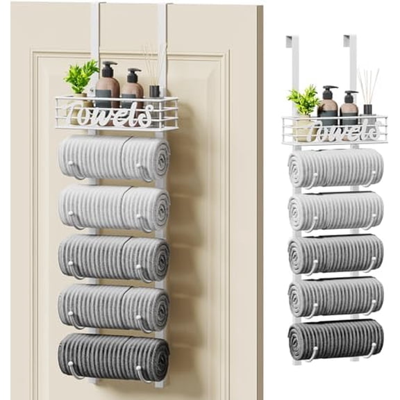 Hanging Towel Racks for Bathroom - 6 Tier Over The Door & Wall Mounted Bath Rolled Towel Storage Organizer Holder for Small Bathroom, RV, Camper, White (Patented)