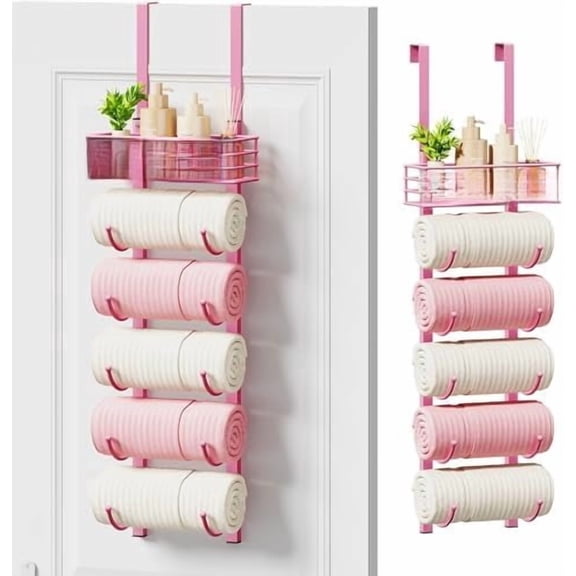 Hanging Towel Racks for Bathroom - 9 Tier Over the Door & Wall Mounted Bath Rolled Towel Storage Organizer Holder for Small Bathroom, RV, Camper (Pink, 6-Tier)